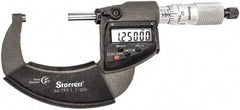 Starrett - 1 to 2" Range, Standard Throat IP67 Electronic Outside Micrometer - Ratchet Stop Thimble, Carbide Face, CR2032 Battery - Exact Tool & Supply