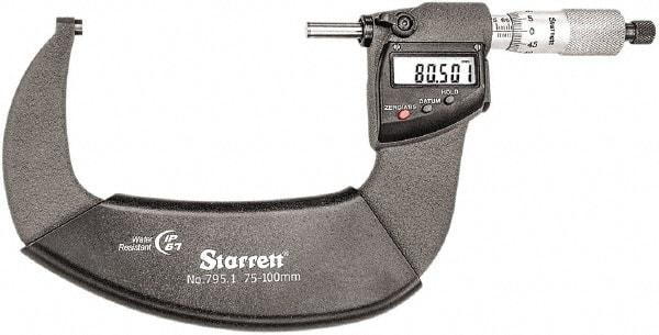 Starrett - Standard Throat IP67 Electronic Outside Micrometer - Ratchet Stop Thimble, Carbide Face, CR2032 Battery - Exact Tool & Supply