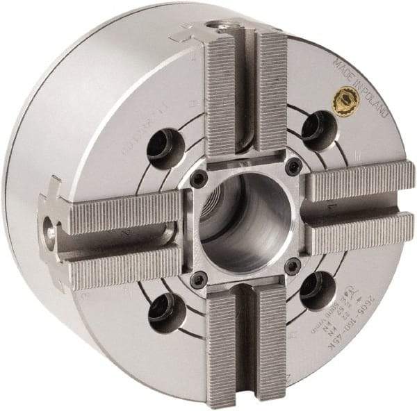Bison - 4 Jaw, 8.26" Chuck Diam, Plain Back Mount, 52mm Through Hole Diam, Drawtube Hydraulic Power Lathe Chuck - 1.5mm x 60° Serrated Jaw Interface, 0.6299 to 7.874" Jaw Capacity, 4,300 RPM, High Speed Steel Body - Exact Tool & Supply