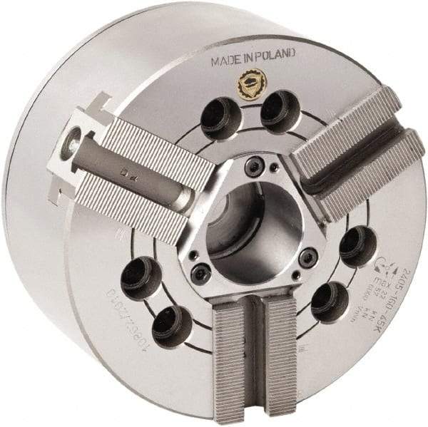 Bison - 3 Jaw, 8.26" Chuck Diam, Plain Back Mount, 52mm Through Hole Diam, Drawtube Hydraulic Power Lathe Chuck - 1.5mm x 60° Serrated Jaw Interface, 0.6299 to 7.874" Jaw Capacity, 5,000 RPM, High Speed Steel Body - Exact Tool & Supply