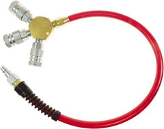 PRO-SOURCE - 3/8" ID 4' Long Lead-In Whip Hose - Manifold with (3) Industrial Couplers Ends, 200 Working psi, 165°, 3/8" Fitting, Transparent Red - Exact Tool & Supply