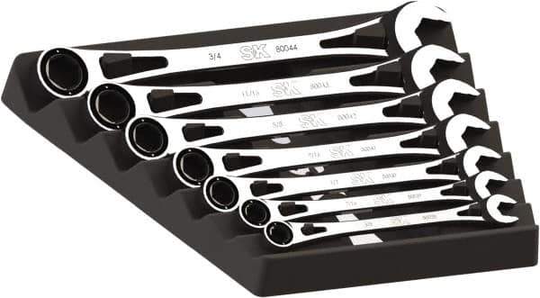 SK - 7 Piece, 3/8" to 3/4", 6 Point Ratcheting Combination Wrench Set - Inch Measurement Standard, Full Polish Chrome Finish, Comes in Plastic Tray - Exact Tool & Supply