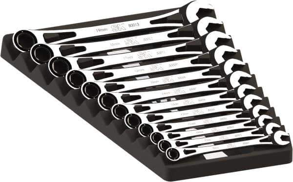 SK - 12 Piece, 8mm to 19mm, 6 Point Ratcheting Combination Wrench Set - Metric Measurement Standard, Full Polish Chrome Finish, Comes in Plastic Tray - Exact Tool & Supply