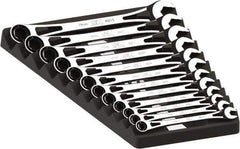 SK - 12 Piece, 8mm to 19mm, 6 Point Ratcheting Combination Wrench Set - Metric Measurement Standard, Full Polish Chrome Finish, Comes in Plastic Tray - Exact Tool & Supply