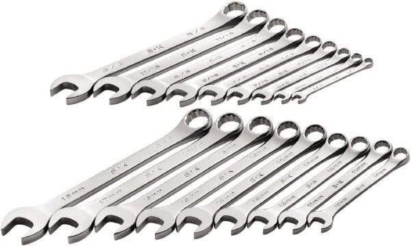 SK - 18 Piece, 1/4" to 3/4" (10mm to 18mm), 12 Point Combination Wrench Set - Inch/Metric Measurement Standard, Full Polish Chrome Finish, Comes in Roll-Up Pouch - Exact Tool & Supply