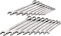 SK - 18 Piece, 1/4" to 3/4" (10mm to 18mm), 12 Point Combination Wrench Set - Inch/Metric Measurement Standard, Full Polish Chrome Finish, Comes in Roll-Up Pouch - Exact Tool & Supply