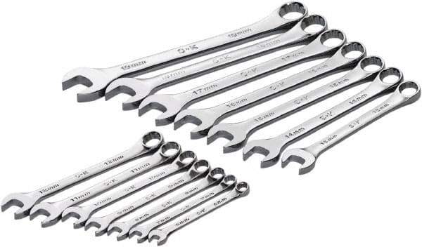 SK - 14 Piece, 6mm to 19mm, 12 Point Combination Wrench Set - Metric Measurement Standard, Full Polish Chrome Finish, Comes in Roll-Up Pouch - Exact Tool & Supply