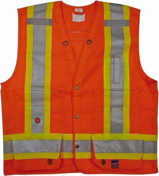 Viking - Size 4XL High Visibility Orange Solid Surveyor's Vest - 58" Chest, CSA Z96-09 Class 2, Level 2, ANSI 107-2010 Class 2, Level 2, Snaps Closure, 8 Pockets, Polyester - Exact Tool & Supply