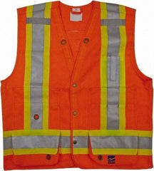 Viking - Size 4XL High Visibility Orange Solid Surveyor's Vest - 58" Chest, CSA Z96-09 Class 2, Level 2, ANSI 107-2010 Class 2, Level 2, Snaps Closure, 8 Pockets, Polyester - Exact Tool & Supply