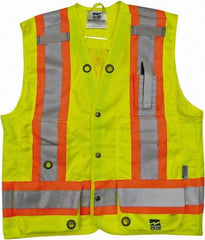 Viking - Size 3XL High Visibility Lime Solid Surveyor's Vest - 55" Chest, CSA Z96-09 Class 2, Level 2, ANSI 107-2010 Class 2, Level 2, Snaps Closure, 8 Pockets, Polyester - Exact Tool & Supply
