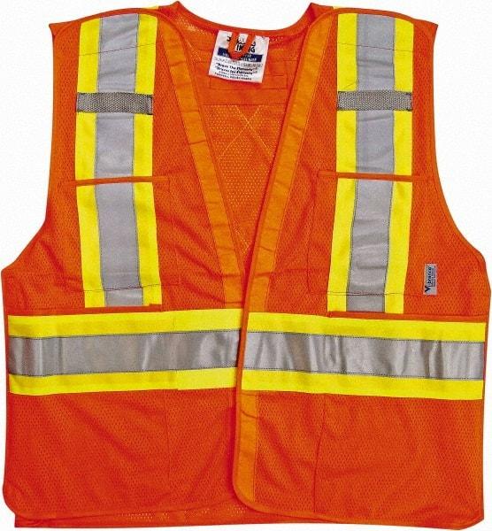 Viking - Size 4X/5XL High Visibility Orange Mesh Breakaway Vest - 58 to 60" Chest, ANSI 107-2010 Class 2, Level 2, Hook & Loop Closure, 4 Pockets, Polyester - Exact Tool & Supply
