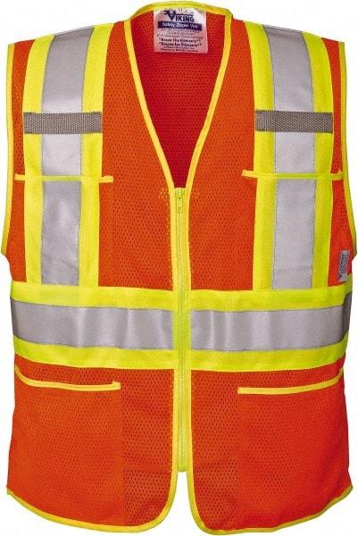 Viking - Size 3XL High Visibility Orange Mesh Public Safety Vest - 55" Chest, ANSI 107-2010 Class 2, Level 2, Zipper Closure, 4 Pockets, Polyester - Exact Tool & Supply