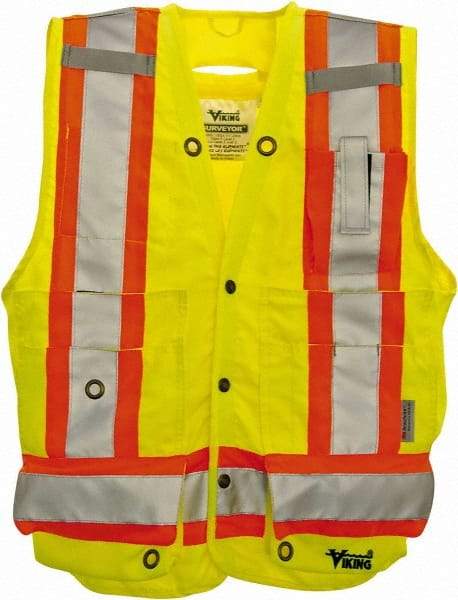 Viking - Size XL High Visibility Lime Solid Surveyor's Vest - 47" Chest, Snaps Closure, 13 Pockets, Polyester - Exact Tool & Supply