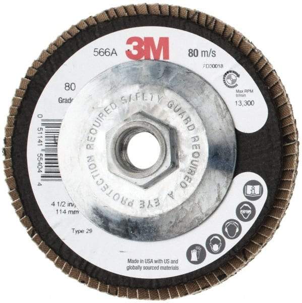 3M - 80 Grit, 4-1/2" Disc Diam, 5/8-11 Center Hole, Type 29 Zirconia Alumina Flap Disc - 13,300 Max RPM, Cloth Backing, Arbor Attaching System, Coated - Exact Tool & Supply