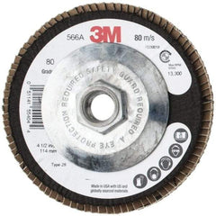 3M - 80 Grit, 4-1/2" Disc Diam, 5/8-11 Center Hole, Type 29 Zirconia Alumina Flap Disc - 13,300 Max RPM, Cloth Backing, Arbor Attaching System, Coated - Exact Tool & Supply