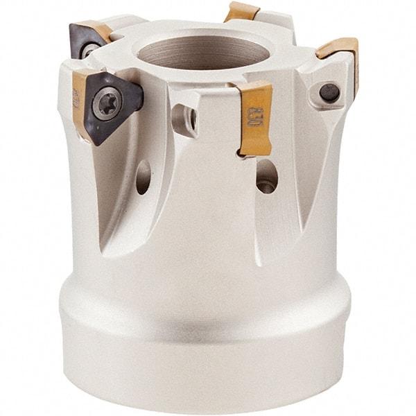 Iscar - 4 Inserts, 1-1/4" Cut Diam, 1/2" Arbor Diam, 0.2" Max Depth of Cut, Indexable Square-Shoulder Face Mill - 0° Lead Angle, 1-1/4" High, HM390 TCKT 0703PCTR Insert Compatibility, Through Coolant, Series HeliIQMill - Exact Tool & Supply
