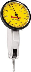 Starrett - 0.2 mm Range, 0.002 mm Dial Graduation, Horizontal Dial Test Indicator - 1-1/4 Inch Yellow Dial, 0-100-0 Dial Reading - Exact Tool & Supply
