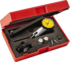 Starrett - 0.2 mm Range, 0.002 mm Dial Graduation, Horizontal Dial Test Indicator - 1-1/4 Inch Yellow Dial, 0-100-0 Dial Reading - Exact Tool & Supply