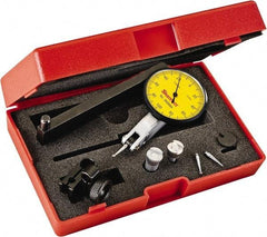 Starrett - 0.2 mm Range, 0.002 mm Dial Graduation, Horizontal Dial Test Indicator - 1-9/16 Inch Yellow Dial, 0-100-0 Dial Reading - Exact Tool & Supply