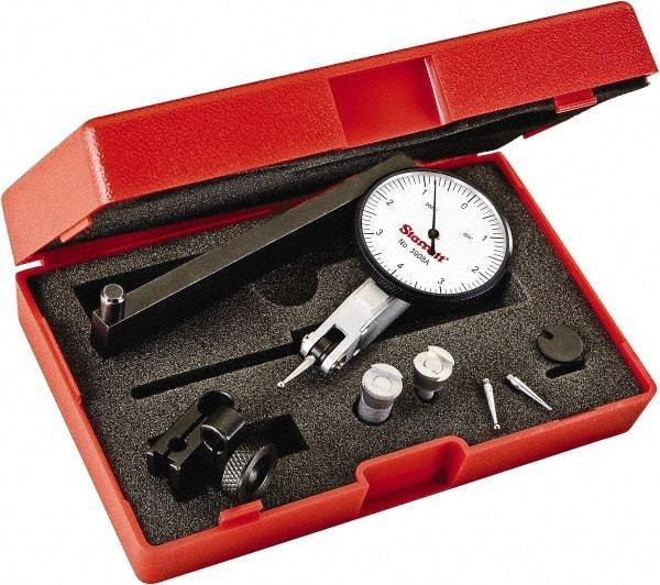 Starrett - 0.008 Inch Range, 0.0001 Inch Dial Graduation, Horizontal Dial Test Indicator - 1-9/16 Inch White Dial, 0-4-0 Dial Reading - Exact Tool & Supply