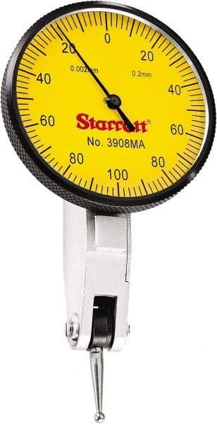 Starrett - 0.2 mm Range, 0.002 mm Dial Graduation, Horizontal Dial Test Indicator - 1-9/16 Inch Yellow Dial, 0-100-0 Dial Reading - Exact Tool & Supply