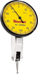 Starrett - 0.2 mm Range, 0.002 mm Dial Graduation, Horizontal Dial Test Indicator - 1-9/16 Inch Yellow Dial, 0-100-0 Dial Reading - Exact Tool & Supply