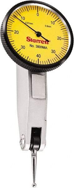 Starrett - 0.8 mm Range, 0.01 mm Dial Graduation, Horizontal Dial Test Indicator - 1-1/4 Inch Yellow Dial, 0-40-0 Dial Reading - Exact Tool & Supply