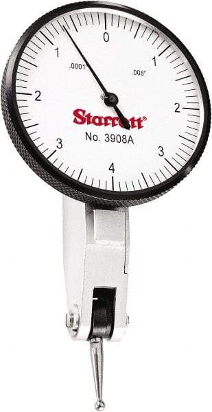 Starrett - 0.008 Inch Range, 0.0001 Inch Dial Graduation, Horizontal Dial Test Indicator - 1-9/16 Inch White Dial, 0-4-0 Dial Reading - Exact Tool & Supply