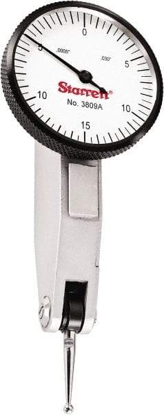 Starrett - 0.03 Inch Range, 0.0005 Inch Dial Graduation, Horizontal Dial Test Indicator - 1-9/16 Inch White Dial, 0-15-0 Dial Reading - Exact Tool & Supply