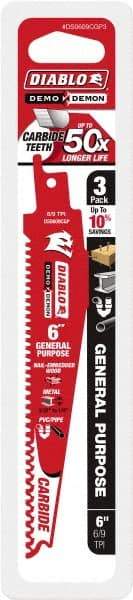 Freud - 6" Long x 1" Thick, Carbide Reciprocating Saw Blade - Tapered Profile, 9 TPI, Toothed Edge, Tang Shank - Exact Tool & Supply