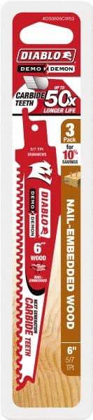 Freud - 6" Long x 1" Thick, Carbide Reciprocating Saw Blade - Tapered Profile, 6 TPI, Toothed Edge, Tang Shank - Exact Tool & Supply