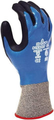 SHOWA - Size M (7), ANSI Cut Lvl A4, Abrasion Lvl 4, Foam Nitrile Coated Polyester/Nylon/Stainless Steel/Kevlar Cut Resistant Gloves - Fully Coated Coated, Knit Wrist, Black/Blue, Paired - Exact Tool & Supply