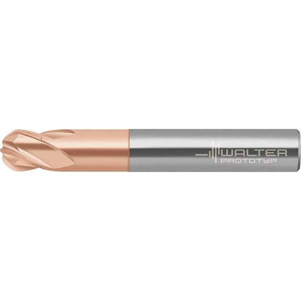 Walter-Prototyp - 6mm Diam, 4.8mm LOC, 4 Flute Solid Carbide Ball End Mill - AlTiN Finish, Single End, 63mm OAL, 8mm Shank Diam, Spiral Flute - Exact Tool & Supply