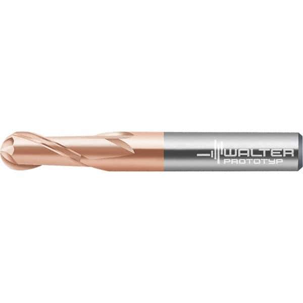 Walter-Prototyp - 8mm Diam, 6.4mm LOC, 2 Flute Solid Carbide Ball End Mill - AlTiN Finish, Single End, 63mm OAL, 8mm Shank Diam, Spiral Flute - Exact Tool & Supply