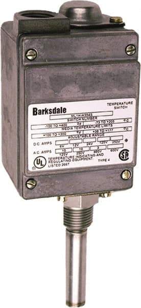 Barksdale - 15 to 140°F Local Mount Temperature Switch - 1/2" NPT, 13/16 x 3-1/8 Rigid Stem, Brass, ±1% of mid-60% of F.S. - Exact Tool & Supply