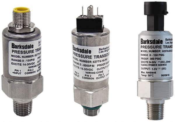 Barksdale - 3,000 Max psi, ±0.5% Accuracy, 7/16-20 SAE #4 ORB Connection Pressure Transducer - 0.5 to 5.5 VDC Output Signal, Subminiature DIN 43650 Wetted Parts, 1/4" Thread, -40 to 185°F, 30 Volts - Exact Tool & Supply