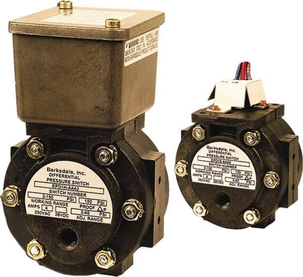 Barksdale - 3 to 40 psi Adjustable Range, 150 Max psi, Differential Pressure Switch - 1/8 NPT Female, 12in Free Leads, SPDT Contact, Polysulfone Wetted Parts, 5% Repeatability - Exact Tool & Supply