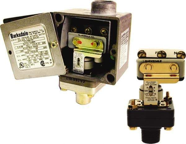 Barksdale - 0.5 to 30 PSI Adjustable Range, 30 inHg Max psi, Diaphragm Piston Pressure Switch - 1/4 NPT Male, Screw Terminals, SPDT Contact, Anodized Al Wetted Parts, 2% Repeatability - Exact Tool & Supply