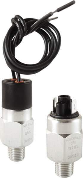 Barksdale - 1000 to 3,000 psi Adjustable Range, 9,000 Max psi, Compact Pressure Switch - 1/4 NPT Male, 18in Free Leads, SPST/ NO Contact, Brass Wetted Parts, 4% Repeatability - Exact Tool & Supply