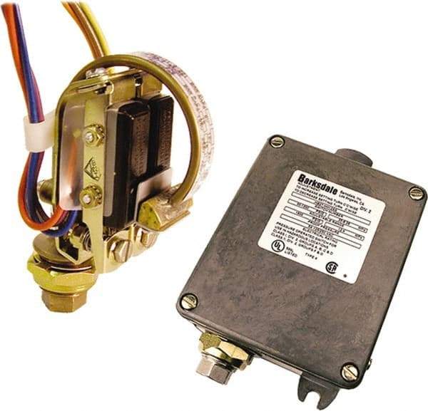 Barksdale - 325 to 6,500 psi Adjustable Range, 8,125 Max psi, Bourdon Tube Pressure Switch - 1/4 Tube Male, 12in Free Leads, 2 x SPDT Contact, 316SS Wetted Parts, 1% Repeatability - Exact Tool & Supply