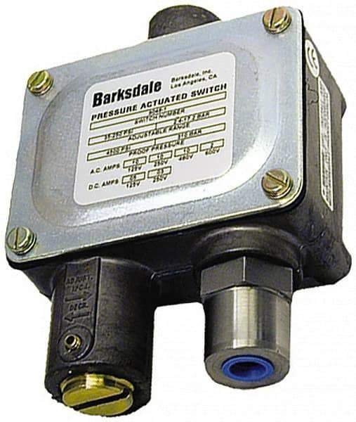 Barksdale - 700 to 10,000 psi Adjustable Range, 15,000 Max psi, Sealed Piston Pressure Switch - 1/4 NPT Female, Screw Terminals, SPDT Contact, 416SS Wetted Parts, 2% Repeatability - Exact Tool & Supply