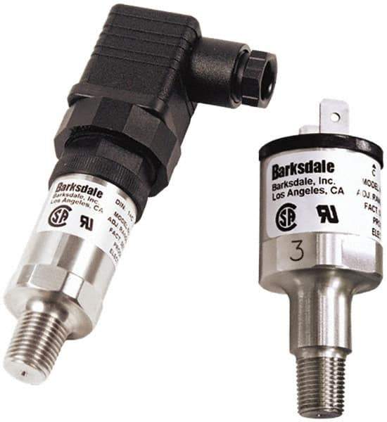 Barksdale - 5 to 50 psi Adjustable Range, 100 Max psi, Compact Pressure Switch - 1/4 NPT Male, 18" Free Leads/Unshielded PVC Jacketed Cable, SPST/ NO Contact, SS Wetted Parts, 8% Repeatability - Exact Tool & Supply