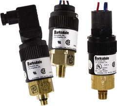 Barksdale - 5 to 35 psi Adjustable Range, 1,000 Max psi, Compact Pressure Switch - 1/4 NPT Male, 1/2NPT Male Conduit Connector with Free Leads, SPDT Contact, Brass Wetted Parts, 2% Repeatability - Exact Tool & Supply