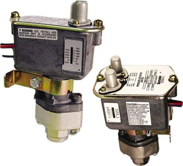 Barksdale - 125 to 1,500 psi Adjustable Range, 7,000 Max psi, Sealed Piston Pressure Switch - 1/4 NPT Female, 18in Free Leads, SPDT Contact, Nickel Plated Al Wetted Parts, 2% Repeatability - Exact Tool & Supply