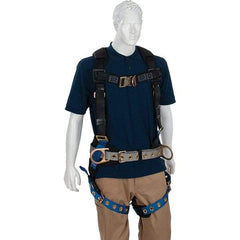 PRO-SAFE - 310 Lb Capacity, Size X-Large, Full Body Construction Harness - Polyester, Tongue Buckle Leg Straps, Tongue Buckle Chest Strap, Gray/Blue, AntiTangle Strap & Back D Ring - Exact Tool & Supply