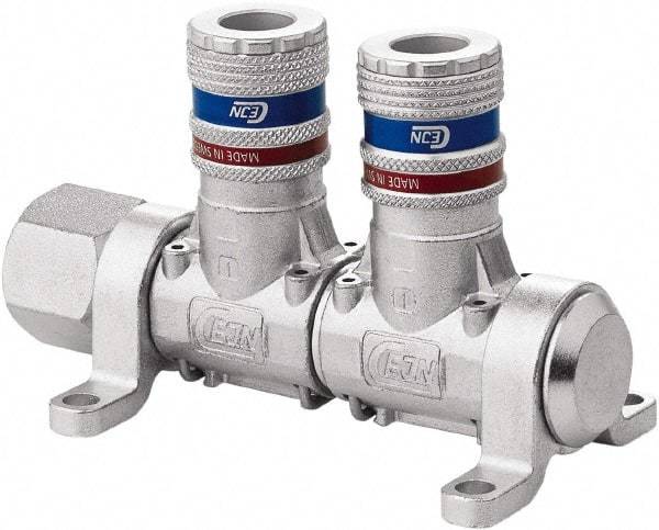 CEJN - 1/2" Inlet, 1/4" Outlet Manifold - 4.4" Long x 2.28" Wide x 2.7" High, 0.245" Mount Hole, 212°F Max, 230 Max PSI, 1 Inlet Port, 2 Outlet Ports - Exact Tool & Supply