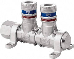 CEJN - 1/2" Inlet, 1/4" Outlet Manifold - 4.4" Long x 2.28" Wide x 2.7" High, 0.245" Mount Hole, 212°F Max, 230 Max PSI, 1 Inlet Port, 2 Outlet Ports - Exact Tool & Supply