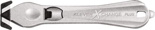 Klever Innovations - Recessed/Hook Blade Safety Cutter - 1-3/8" Carbon Steel Blade, Silver Magnesium Handle, 1 Blade Included - Exact Tool & Supply