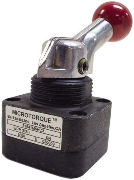 Barksdale - 2.8 GPM 1/4 Inlet Anodized Aluminum Hydraulic Control Valve - 1/4 Thread, 6,000 psi, 3" High x 2.03" Wide x 4.11" Long, 0.4 CV Rate - Exact Tool & Supply