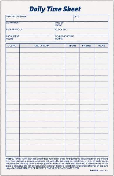 TOPS - 5-1/2" High x 8-1/2" Wide Daily Time & Job Sheets - Gray, White, Use with Manual Entries - Exact Tool & Supply